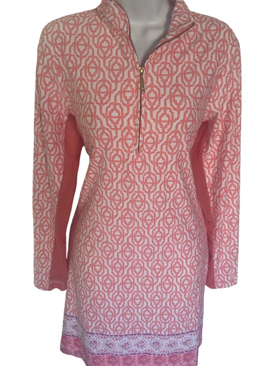 Cabana Life Dresses & Skirts - Cabana Life Coral and White Geometric Zip-Front Dress